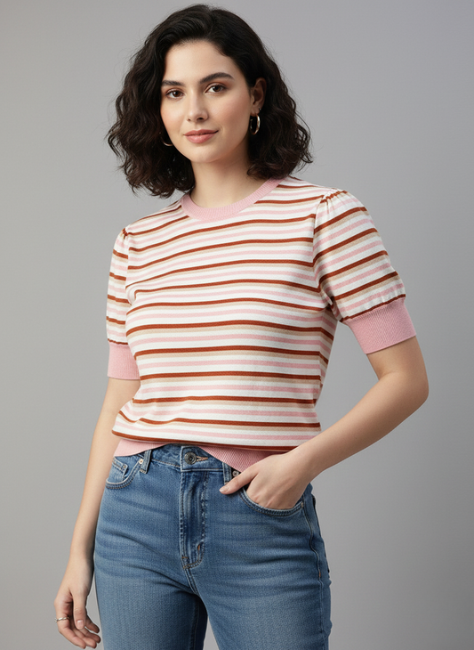 Levi’s Women’s Pink & Brown Striped Knit Top | Short Sleeve Crew Neck Casual Wear