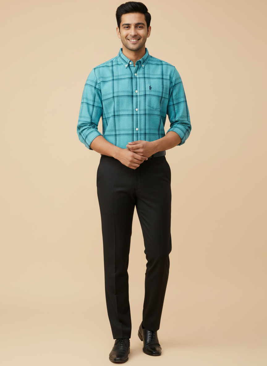 U.S. Polo Assn. Men's Checkered Tailored Fit Casual Shirt for (Teal Blue)