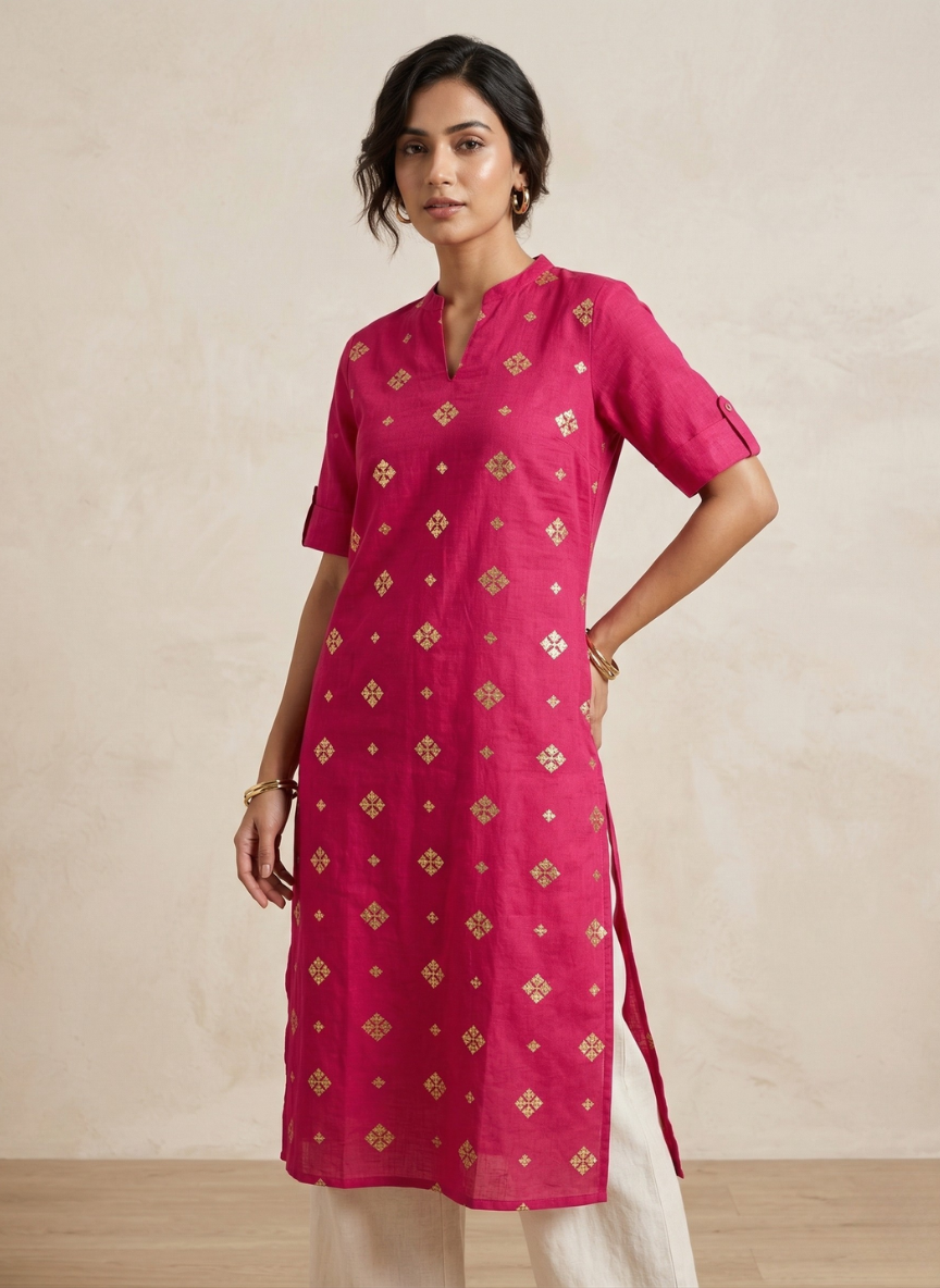 Avaasa Mix N Match Women's Pink Foil Print Straight Kurti