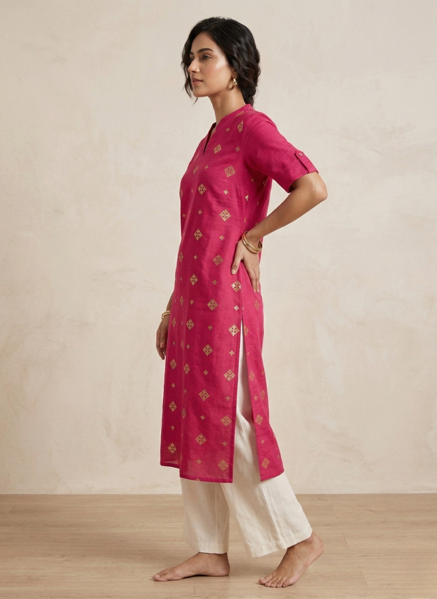 Avaasa Mix N Match Women's Pink Foil Print Straight Kurti