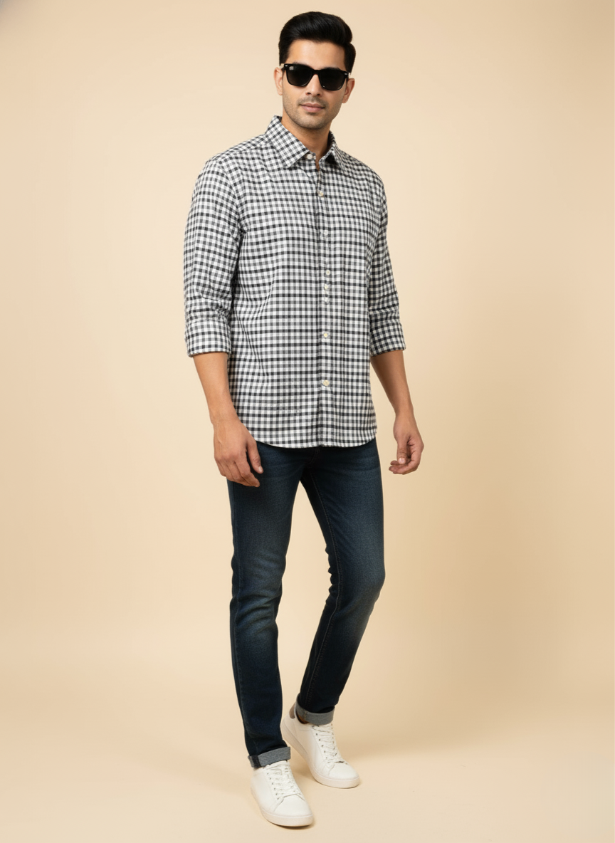 Kutur Men's Black & White Gingham Check Shirt