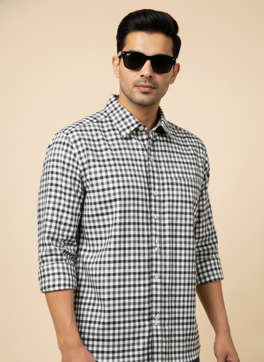 Kutur Men's Black & White Gingham Check Shirt
