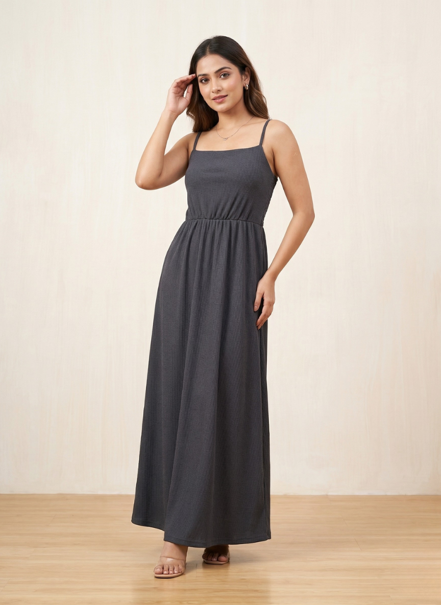 Women's Charcoal Grey Smocked Back Maxi Dress with Adjustable Straps