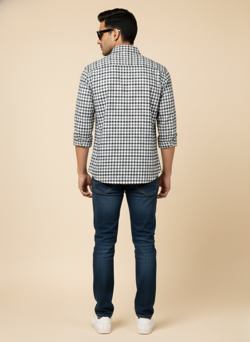 Kutur Men's Black & White Gingham Check Shirt