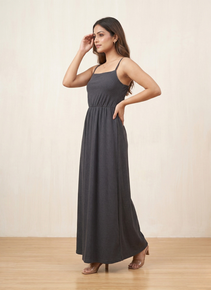 Women's Charcoal Grey Smocked Back Maxi Dress with Adjustable Straps
