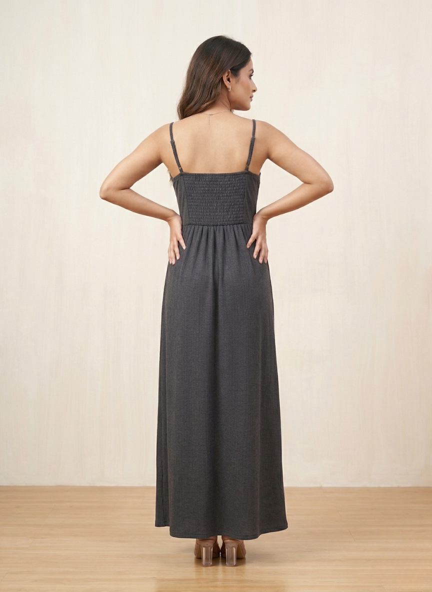 Women's Charcoal Grey Smocked Back Maxi Dress with Adjustable Straps