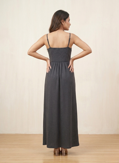 Women's Charcoal Grey Smocked Back Maxi Dress with Adjustable Straps