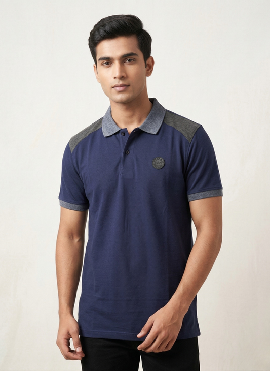 Metronaut Men's Navy Blue & Grey Colorblock Polo T-Shirt