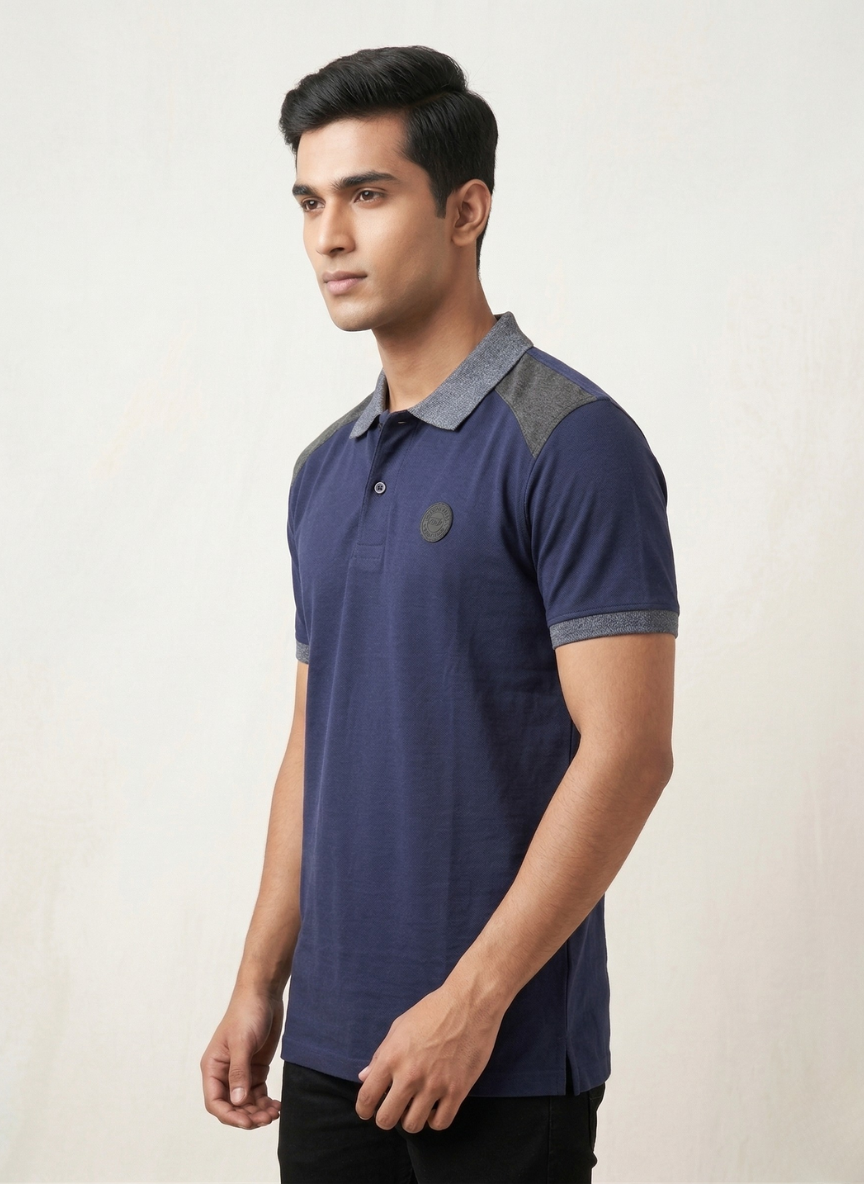 Metronaut Men's Navy Blue & Grey Colorblock Polo T-Shirt