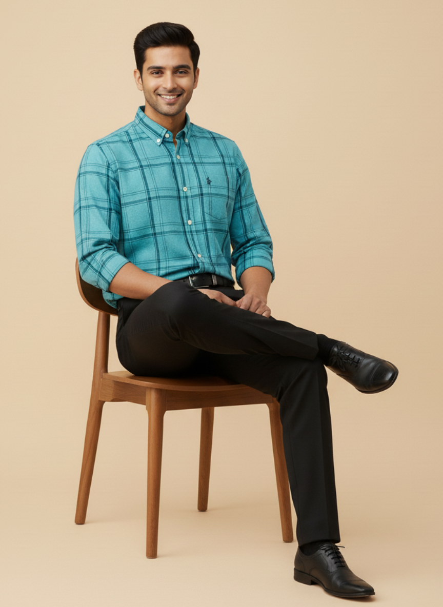 U.S. Polo Assn. Men's Checkered Tailored Fit Casual Shirt for (Teal Blue)