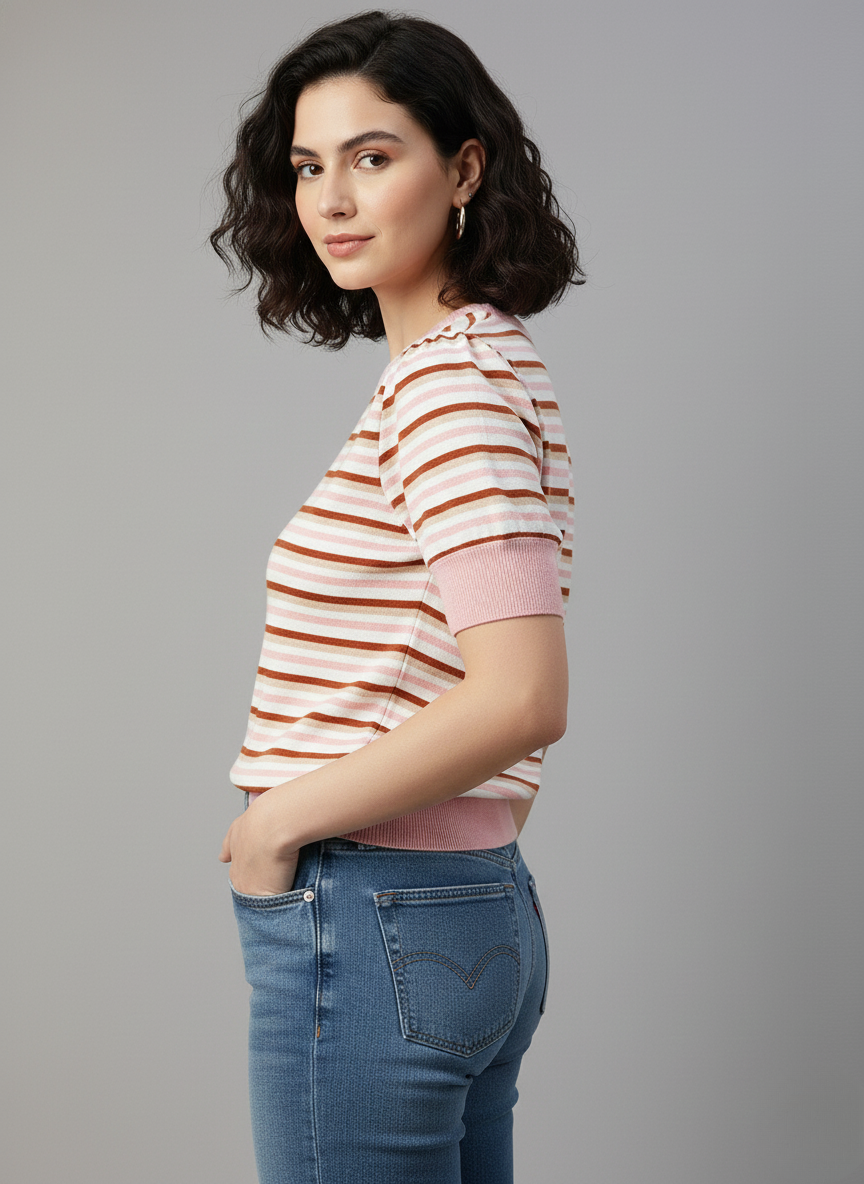 Levi’s Women’s Pink & Brown Striped Knit Top | Short Sleeve Crew Neck Casual Wear