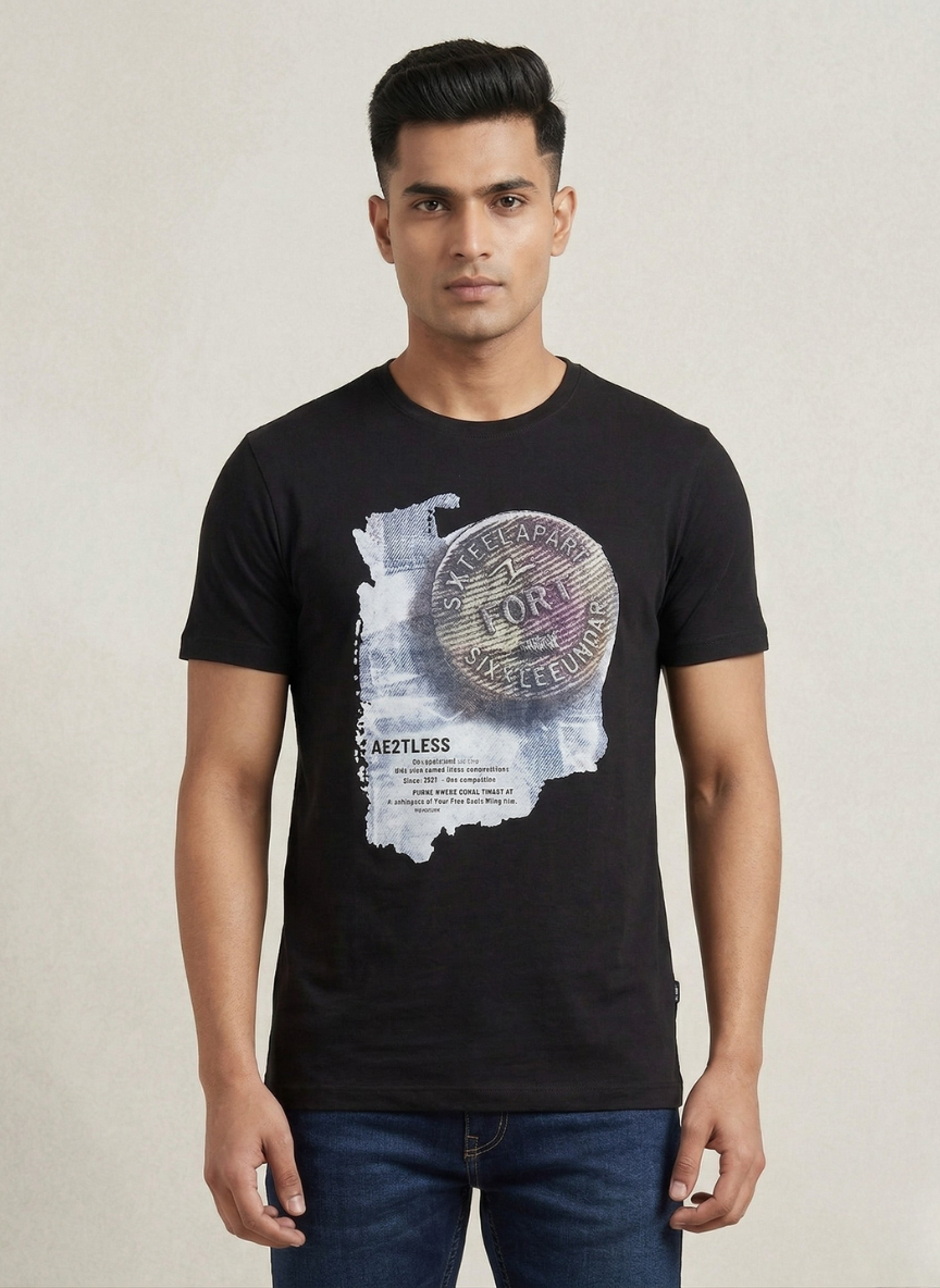 Spykar Men's Black "Six Feet Apart" Graphic Print T-Shirt