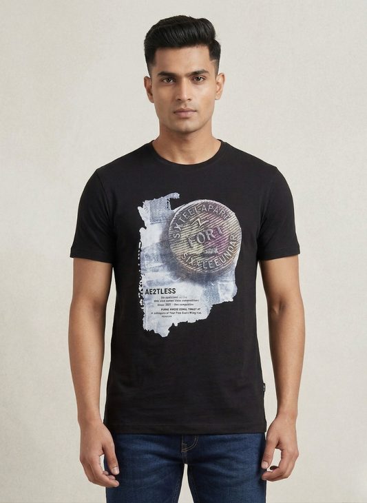 Spykar Men's Black "Six Feet Apart" Graphic Print T-Shirt