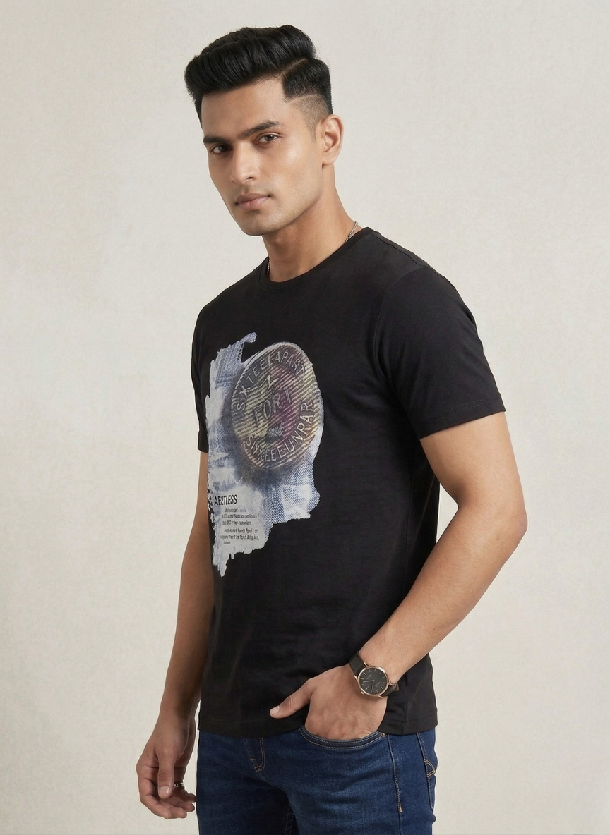 Spykar Men's Black "Six Feet Apart" Graphic Print T-Shirt