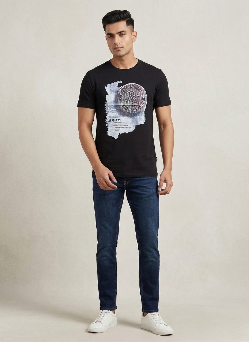 Spykar Men's Black "Six Feet Apart" Graphic Print T-Shirt
