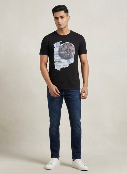 Spykar Men's Black "Six Feet Apart" Graphic Print T-Shirt