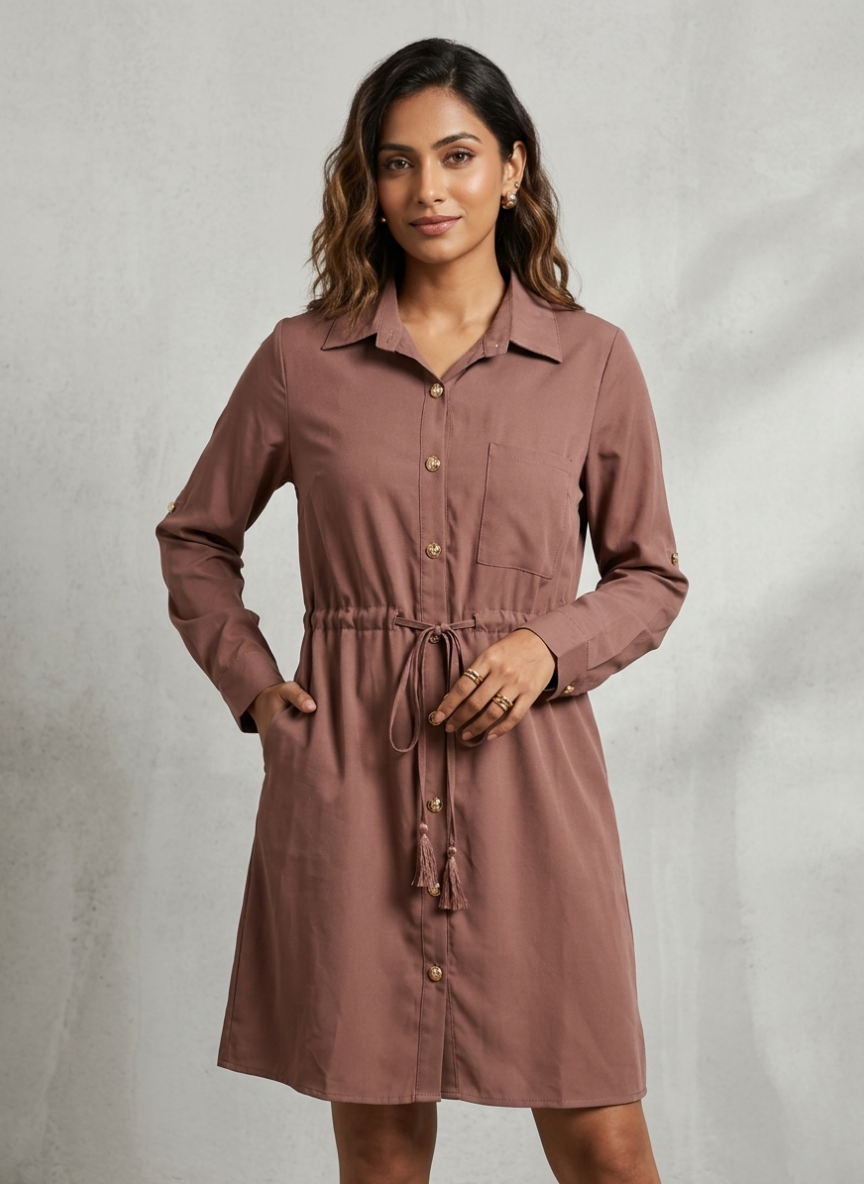 StyleCast Brown Long Sleeve Shirt Dress with Gold Hardware