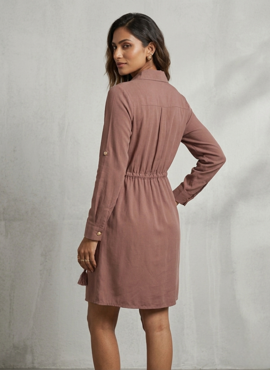 StyleCast Brown Long Sleeve Shirt Dress with Gold Hardware