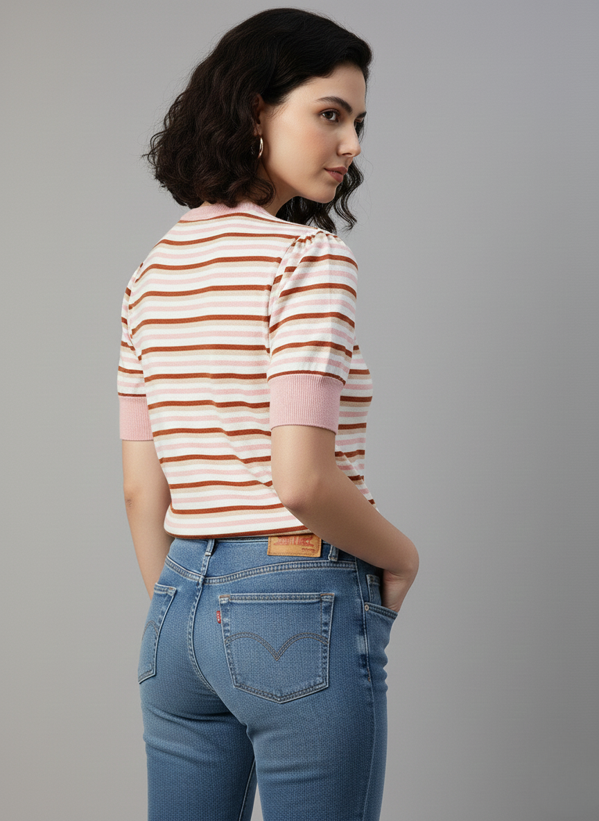 Levi’s Women’s Pink & Brown Striped Knit Top | Short Sleeve Crew Neck Casual Wear