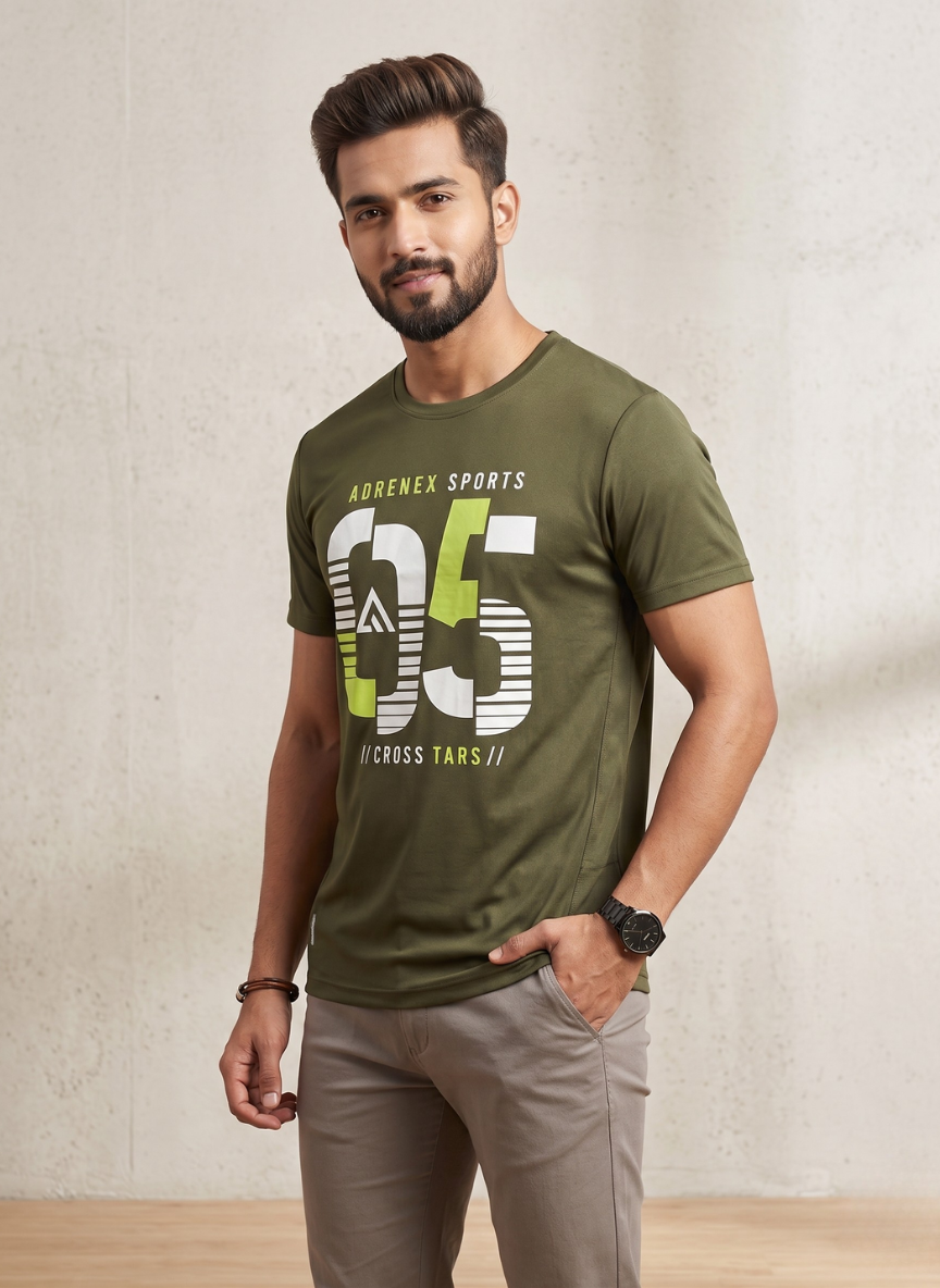 Adrenex Men's Olive Green Sports Graphic Print Quick-Dry T-Shirt