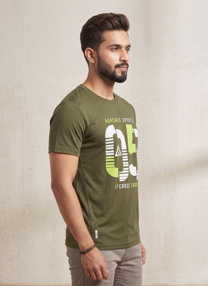 Adrenex Men's Olive Green Sports Graphic Print Quick-Dry T-Shirt