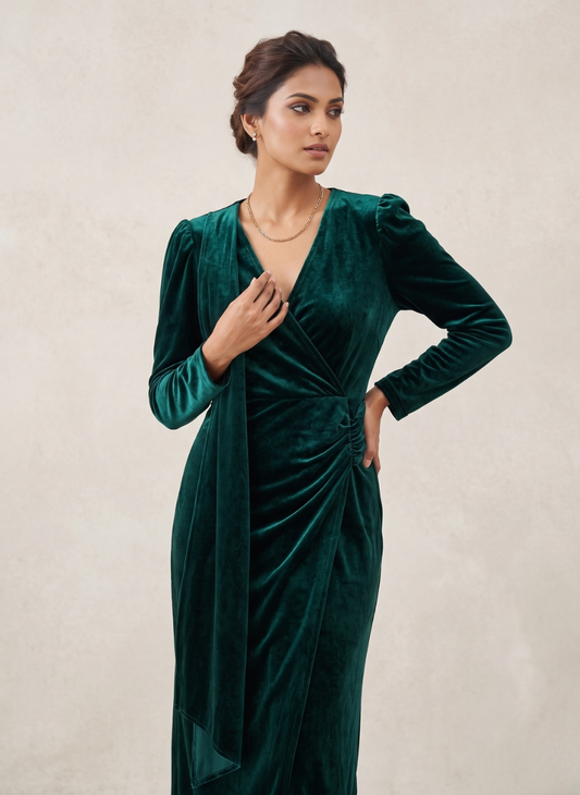 StyleCast Women's Emerald Green Velvet Wrap Midi Dress with Puff Sleeves