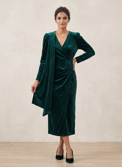 StyleCast Women's Emerald Green Velvet Wrap Midi Dress with Puff Sleeves