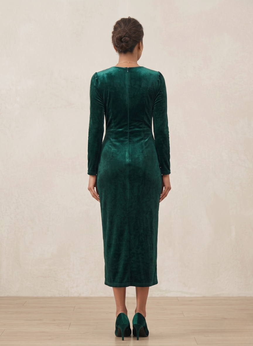 StyleCast Women's Emerald Green Velvet Wrap Midi Dress with Puff Sleeves