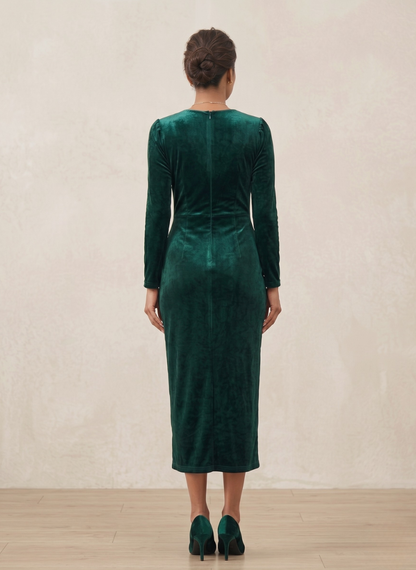StyleCast Women's Emerald Green Velvet Wrap Midi Dress with Puff Sleeves