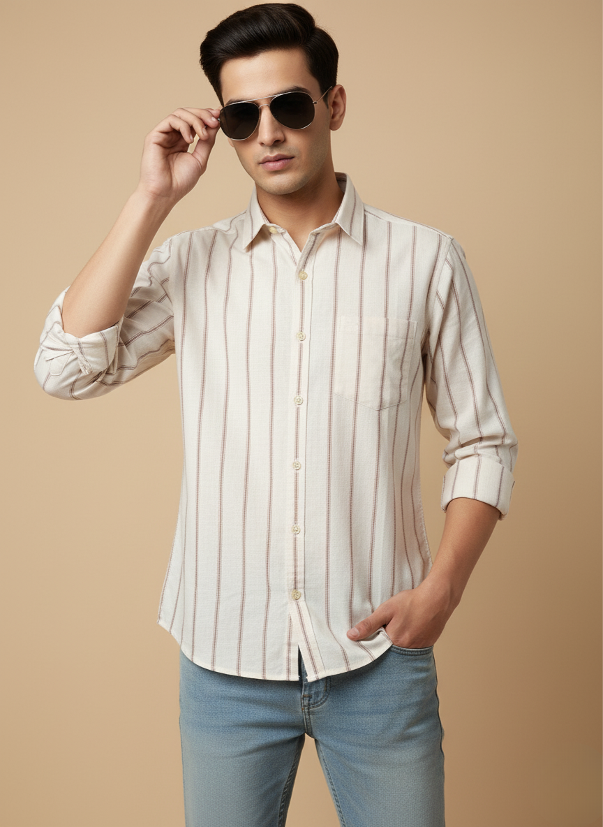 Kutur Men's Cream & Brown Striped Cotton Shirt