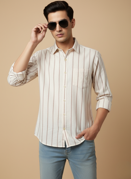 Kutur Men's Cream & Brown Striped Cotton Shirt