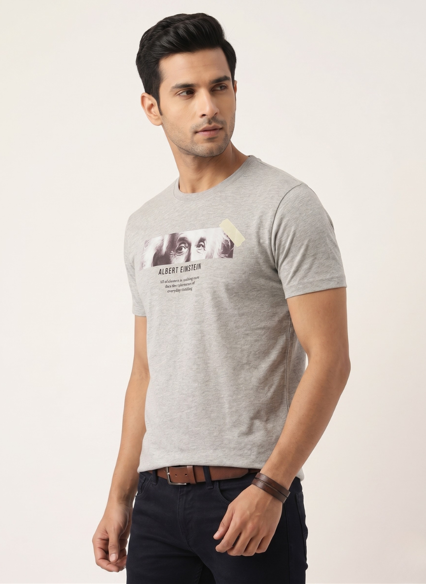 Spykar Men's Grey Melange Albert Einstein Graphic Quote T-Shirt