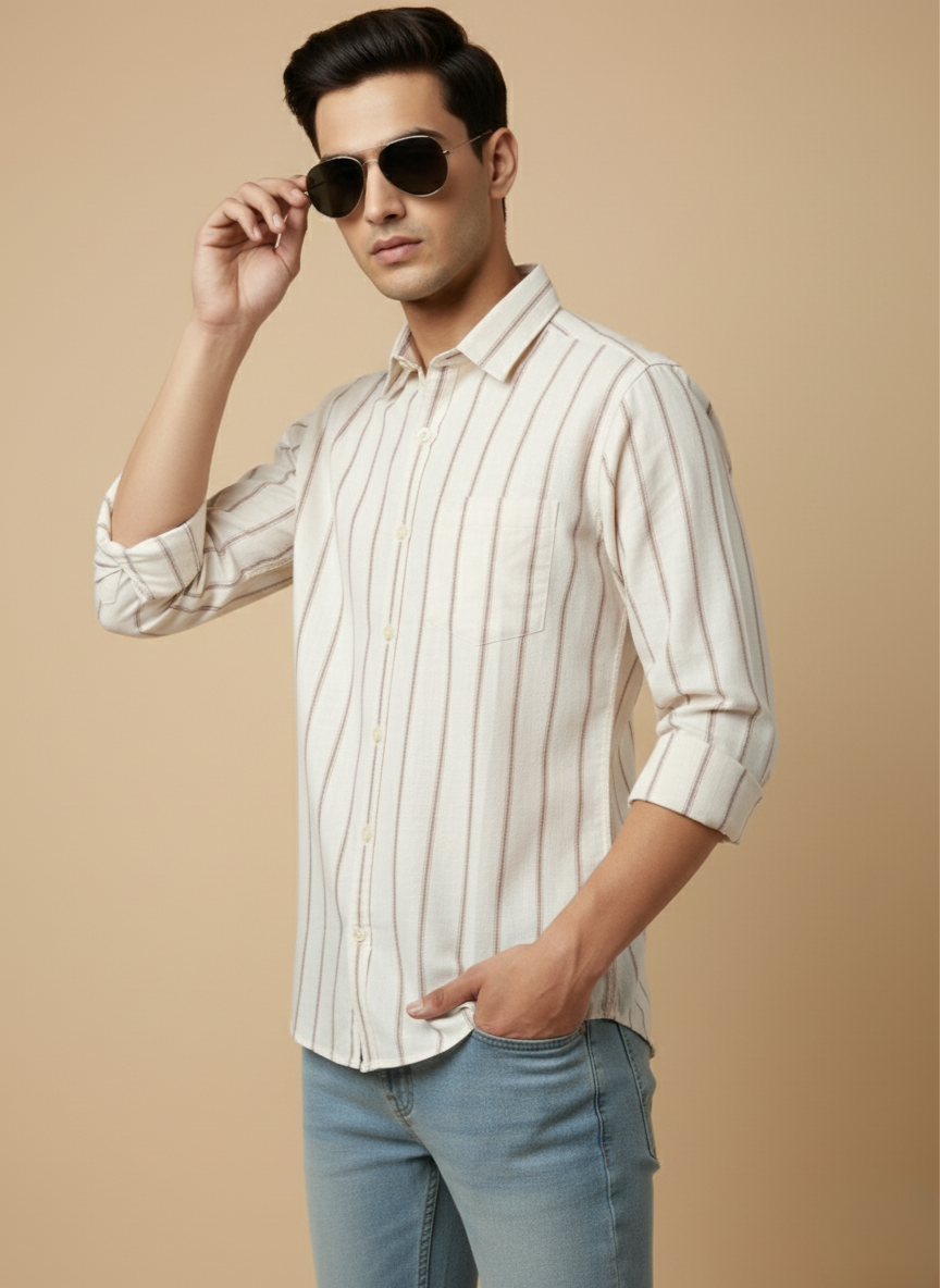 Kutur Men's Cream & Brown Striped Cotton Shirt