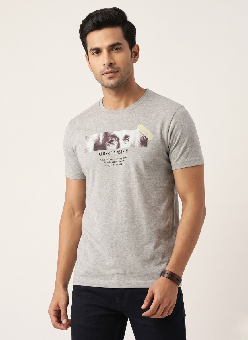 Spykar Men's Grey Melange Albert Einstein Graphic Quote T-Shirt