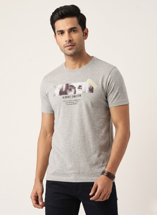 Spykar Men's Grey Melange Albert Einstein Graphic Quote T-Shirt