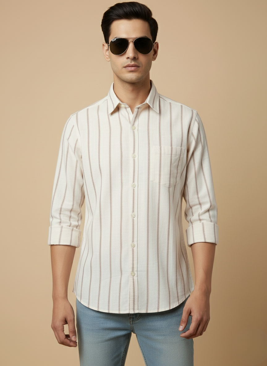 Kutur Men's Cream & Brown Striped Cotton Shirt