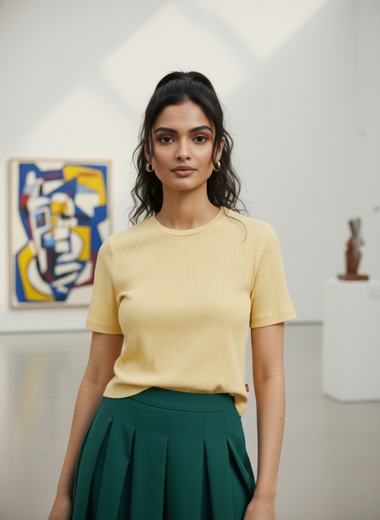 Levi’s Women’s Yellow Textured Crew Neck T-Shirt | Soft Casual Short Sleeve Top
