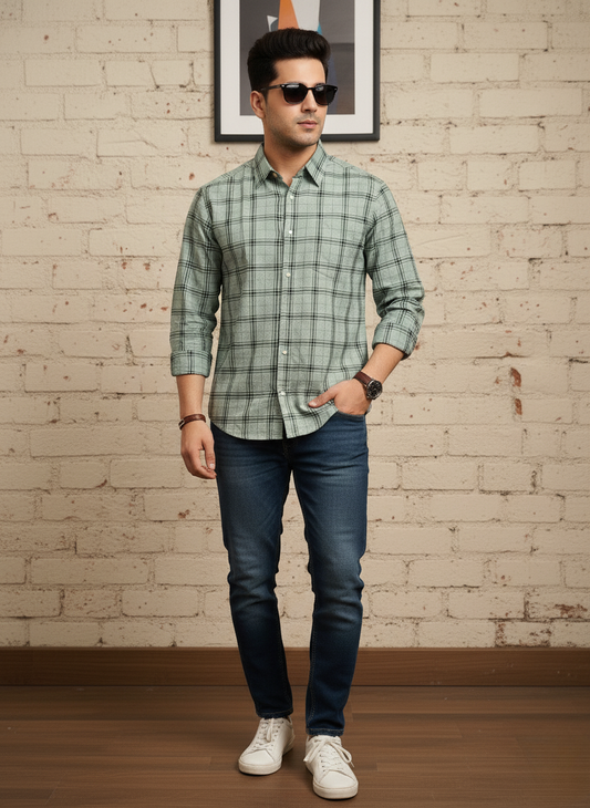 Rare Rabbit Men’s Check Casual Shirt (Sage Green)