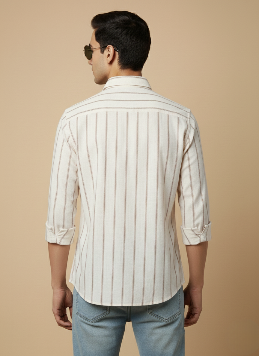 Kutur Men's Cream & Brown Striped Cotton Shirt