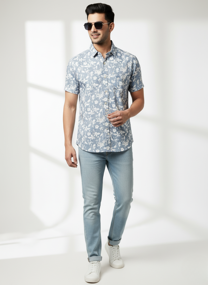 Kutur Men's Light Blue Floral Printed Cotton Shirt