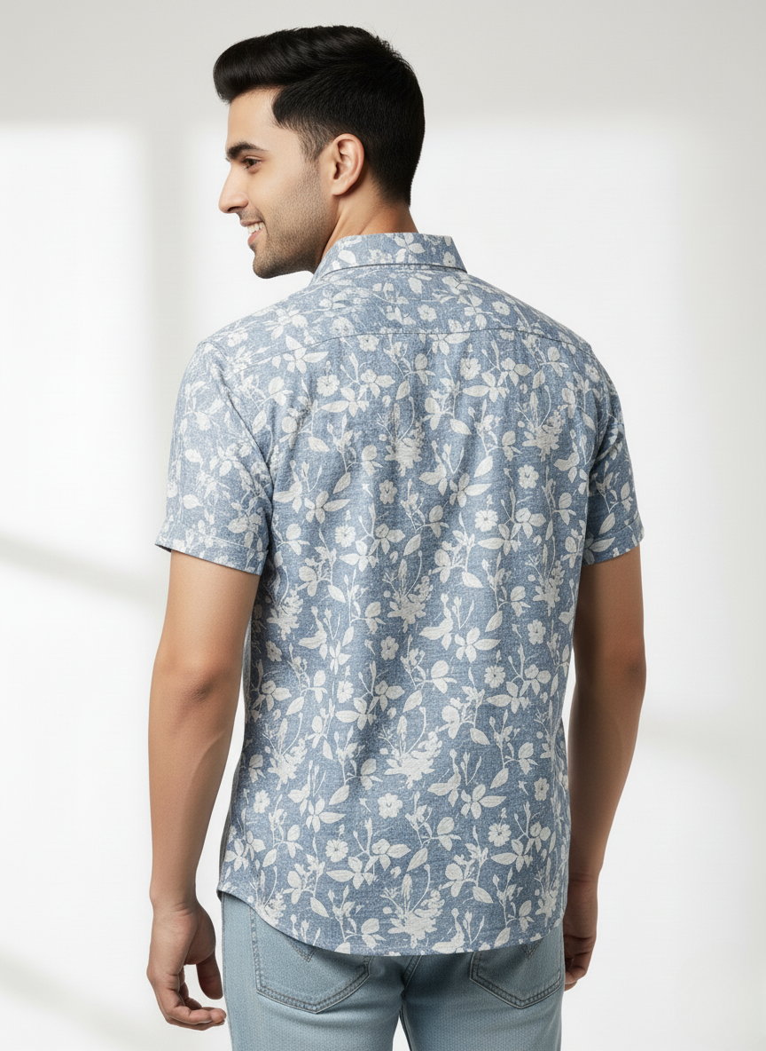 Kutur Men's Light Blue Floral Printed Cotton Shirt