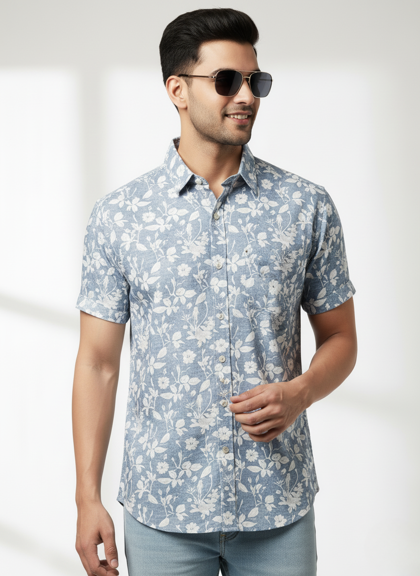 Kutur Men's Light Blue Floral Printed Cotton Shirt