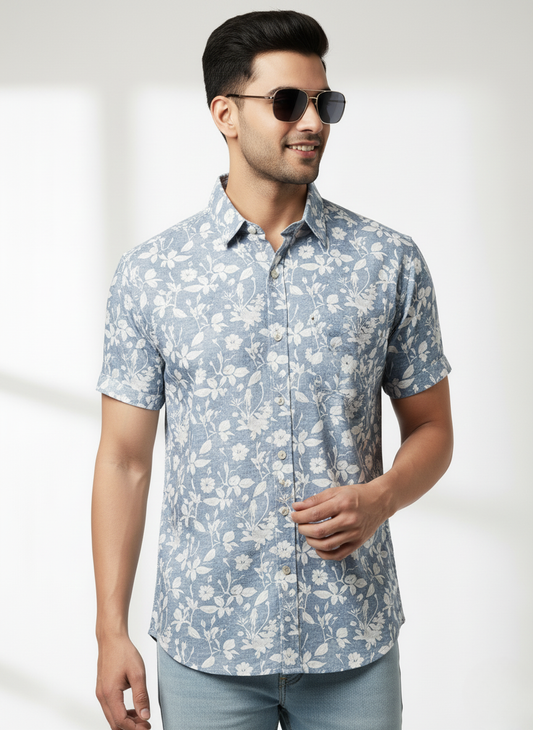 Kutur Men's Light Blue Floral Printed Cotton Shirt