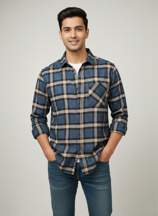 Kutur Men's Blue & Beige Checked Cotton Shirt – Westside Manufacturer