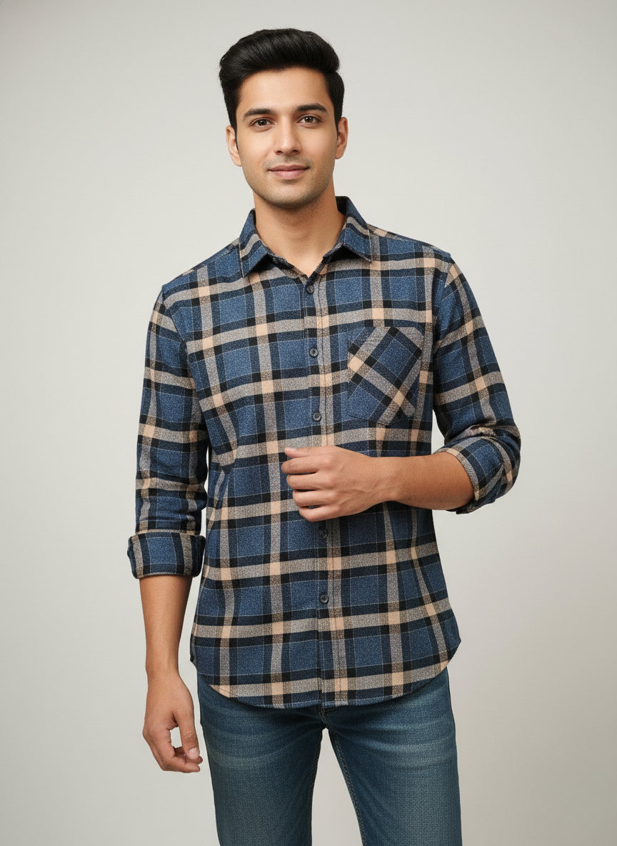 Kutur Men's Blue & Beige Checked Cotton Shirt – Westside Manufacturer