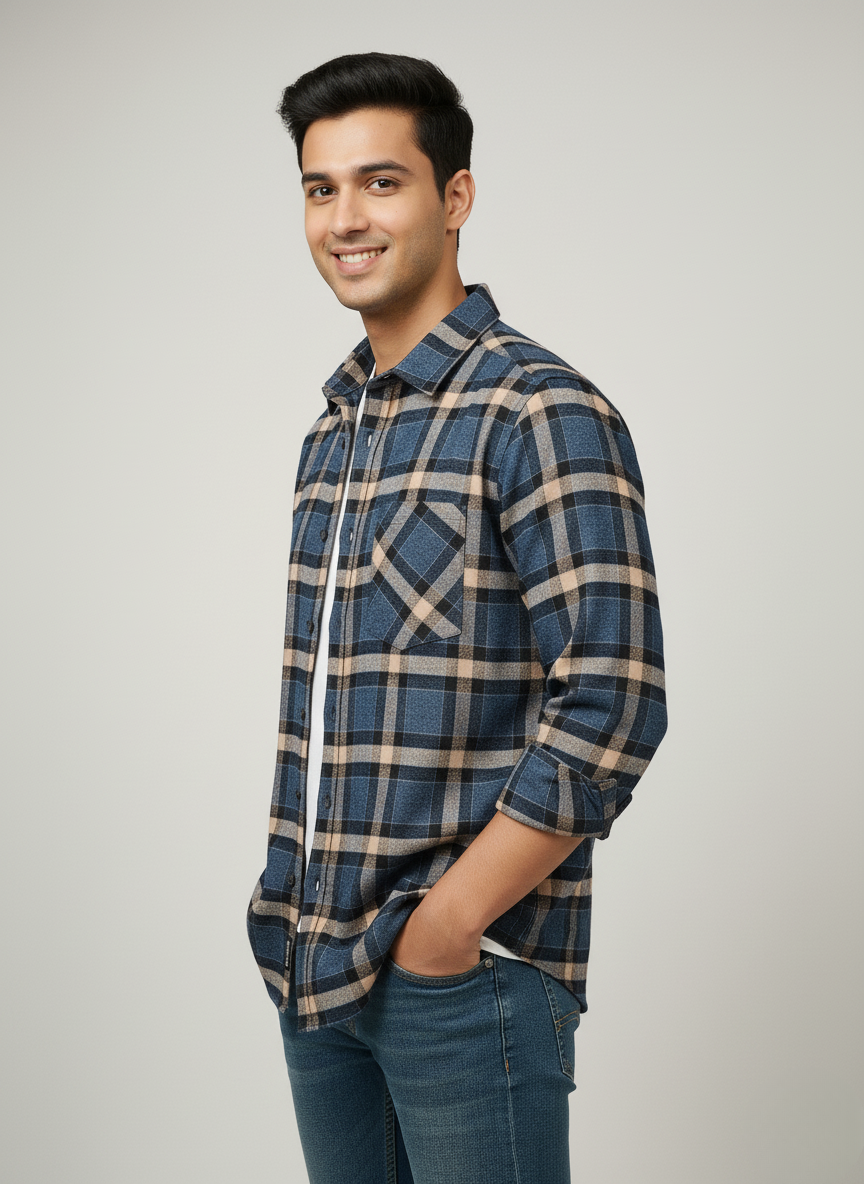 Kutur Men's Blue & Beige Checked Cotton Shirt – Westside Manufacturer