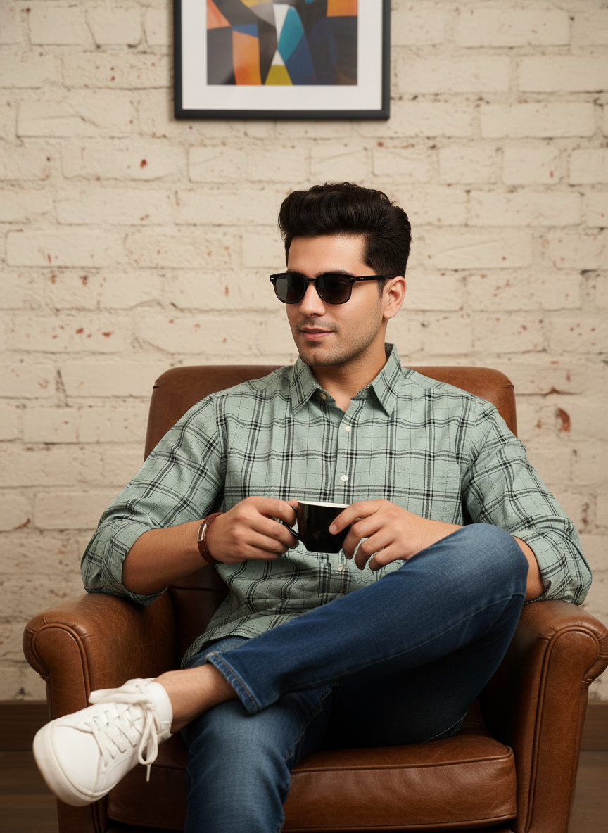 Rare Rabbit Men’s Check Casual Shirt (Sage Green)