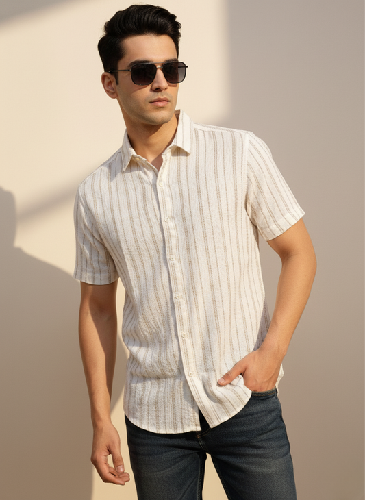 Kutur Men's Beige Textured Striped Cotton Shirt – Westside Manufacturer