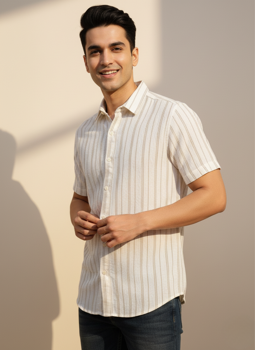 Kutur Men's Beige Textured Striped Cotton Shirt – Westside Manufacturer