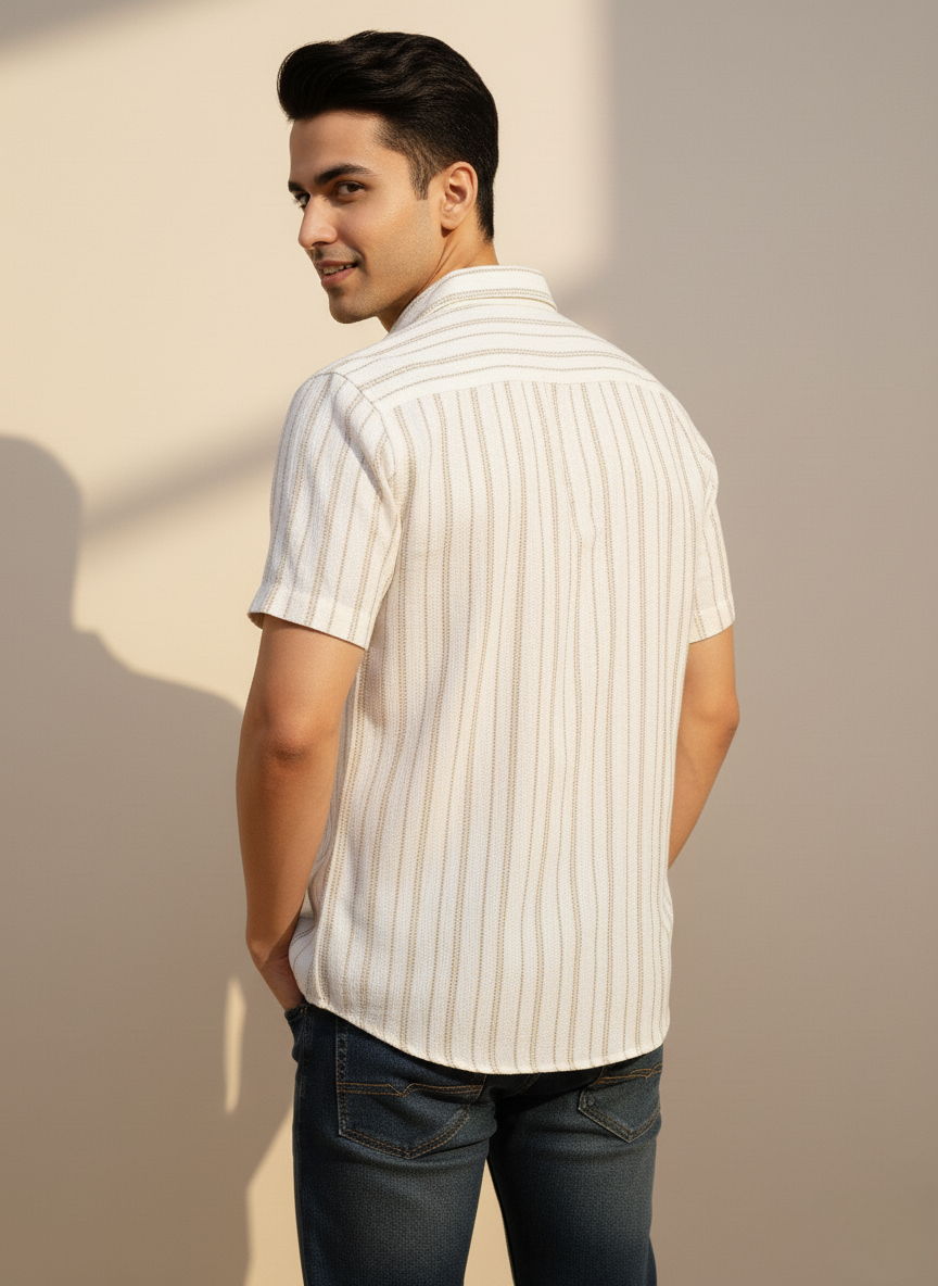 Kutur Men's Beige Textured Striped Cotton Shirt – Westside Manufacturer